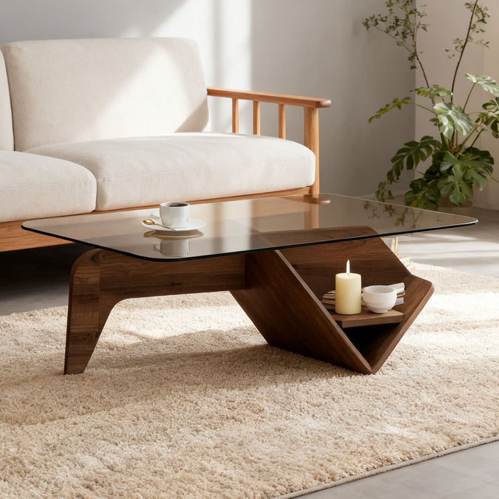 Unique Square Glass Coffee Table with Wood Storage Base