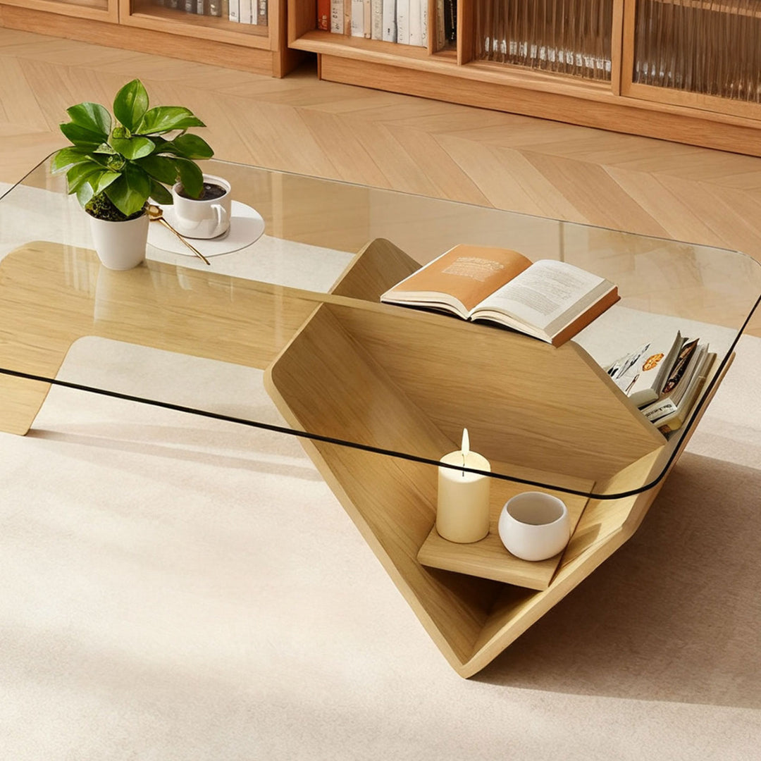 Unique Square Glass Coffee Table with Wood Storage Base