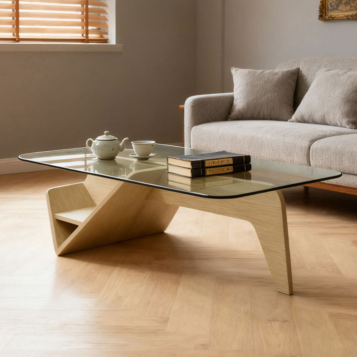 Unique Square Glass Coffee Table with Wood Storage Base