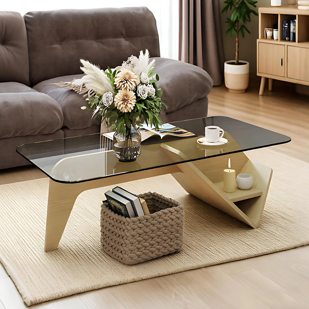 Unique Square Glass Coffee Table with Wood Storage Base