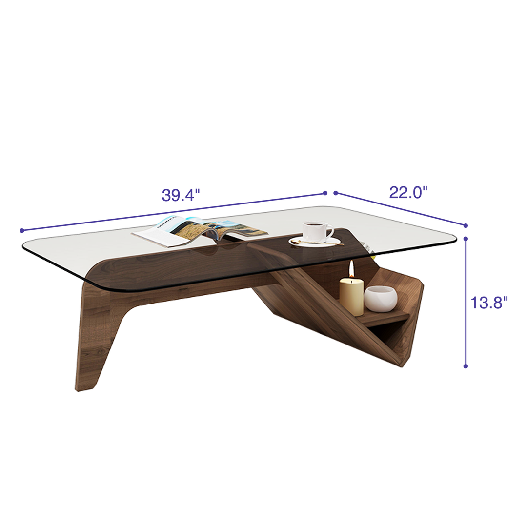 Unique Square Glass Coffee Table with Wood Storage Base