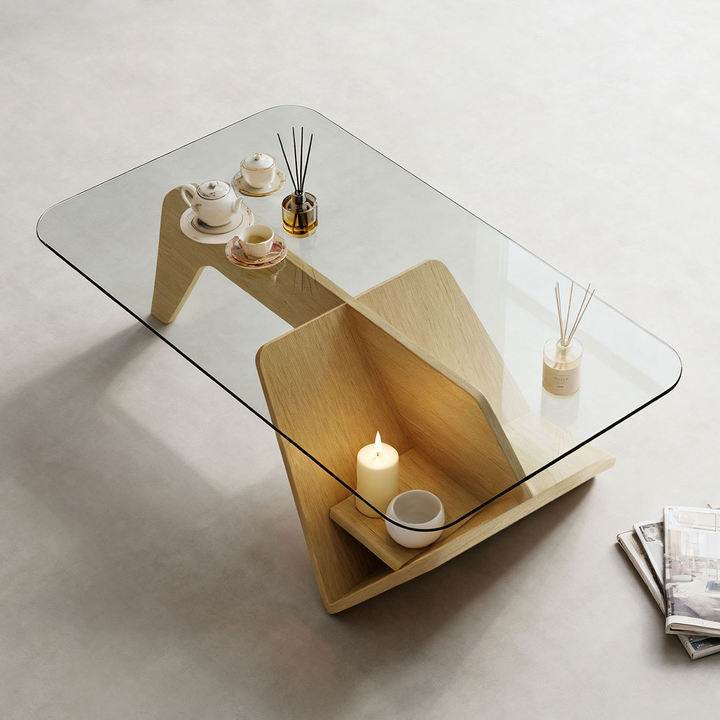 Unique Square Glass Coffee Table with Wood Storage Base