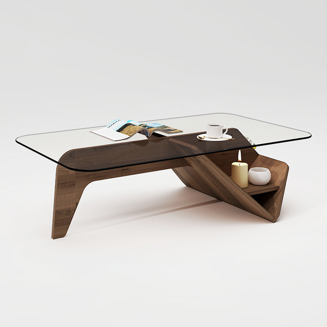 Unique Square Glass Coffee Table with Wood Storage Base
