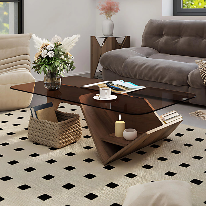Unique Square Glass Coffee Table with Wood Storage Base