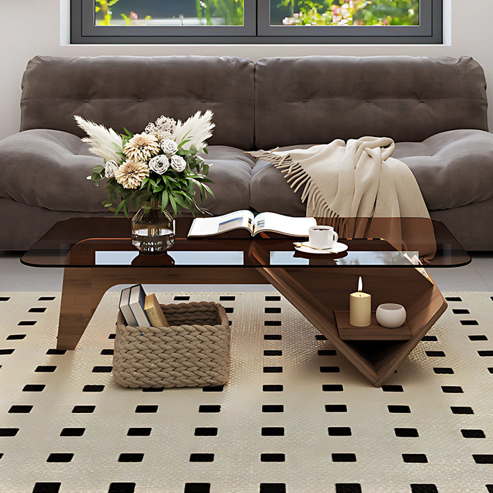 Unique Square Glass Coffee Table with Wood Storage Base