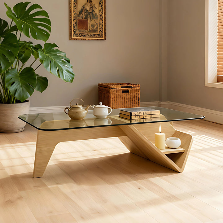 Unique Square Glass Coffee Table with Wood Storage Base