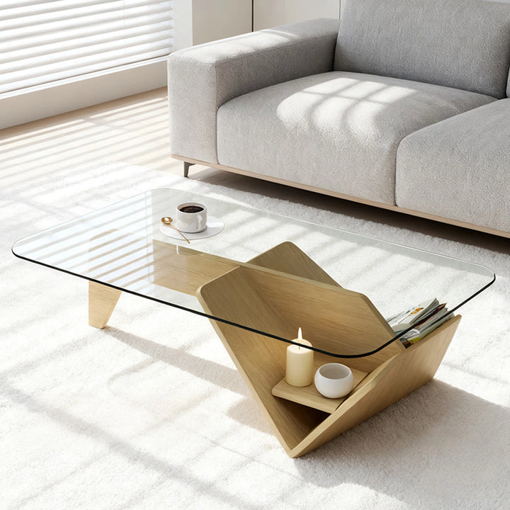 Unique Square Glass Coffee Table with Wood Storage Base