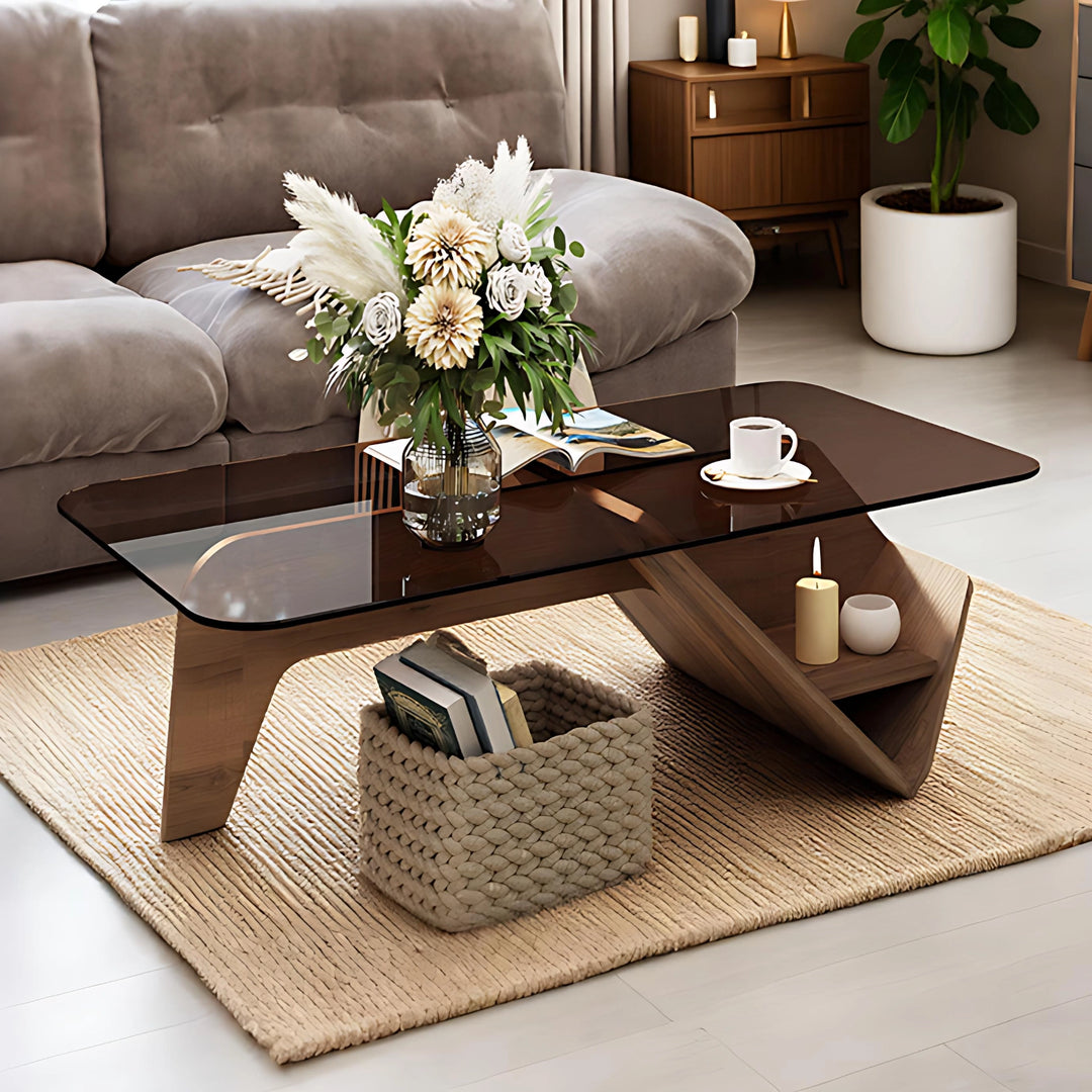 Unique Square Glass Coffee Table with Wood Storage Base