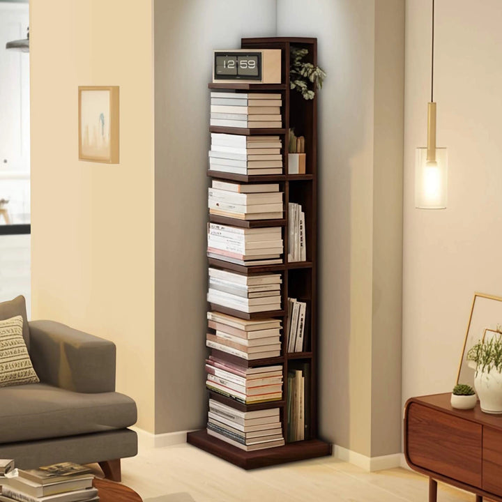 9-Shelf Wood Corner Bookshelf Narrow Bookcase with Storage