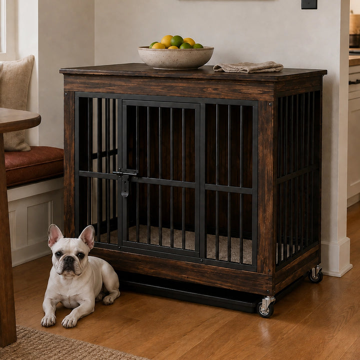 Wooden Furniture-Style Dog Crate with Wheels and Removable Tray