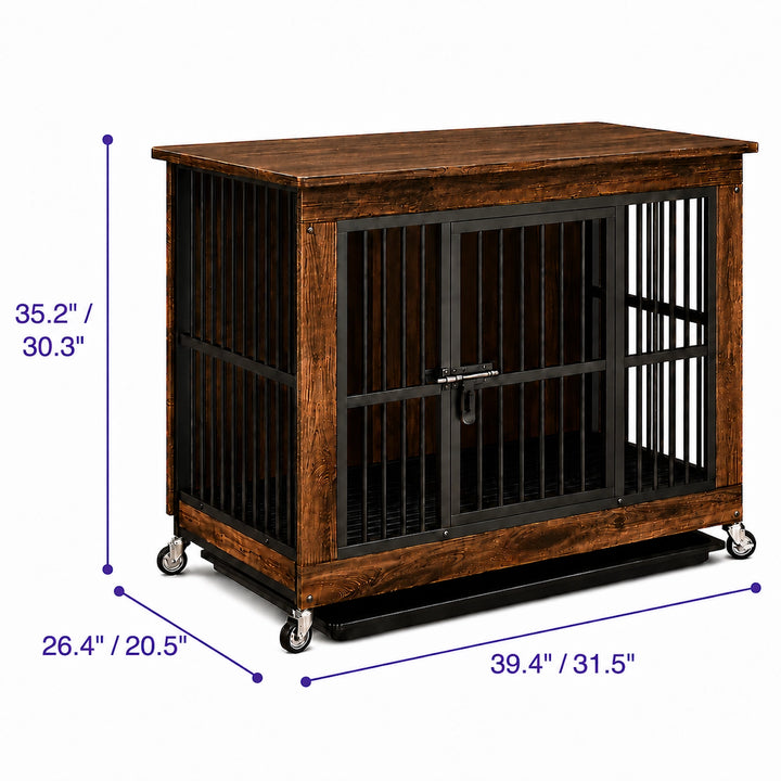 Wooden Furniture-Style Dog Crate with Wheels and Removable Tray