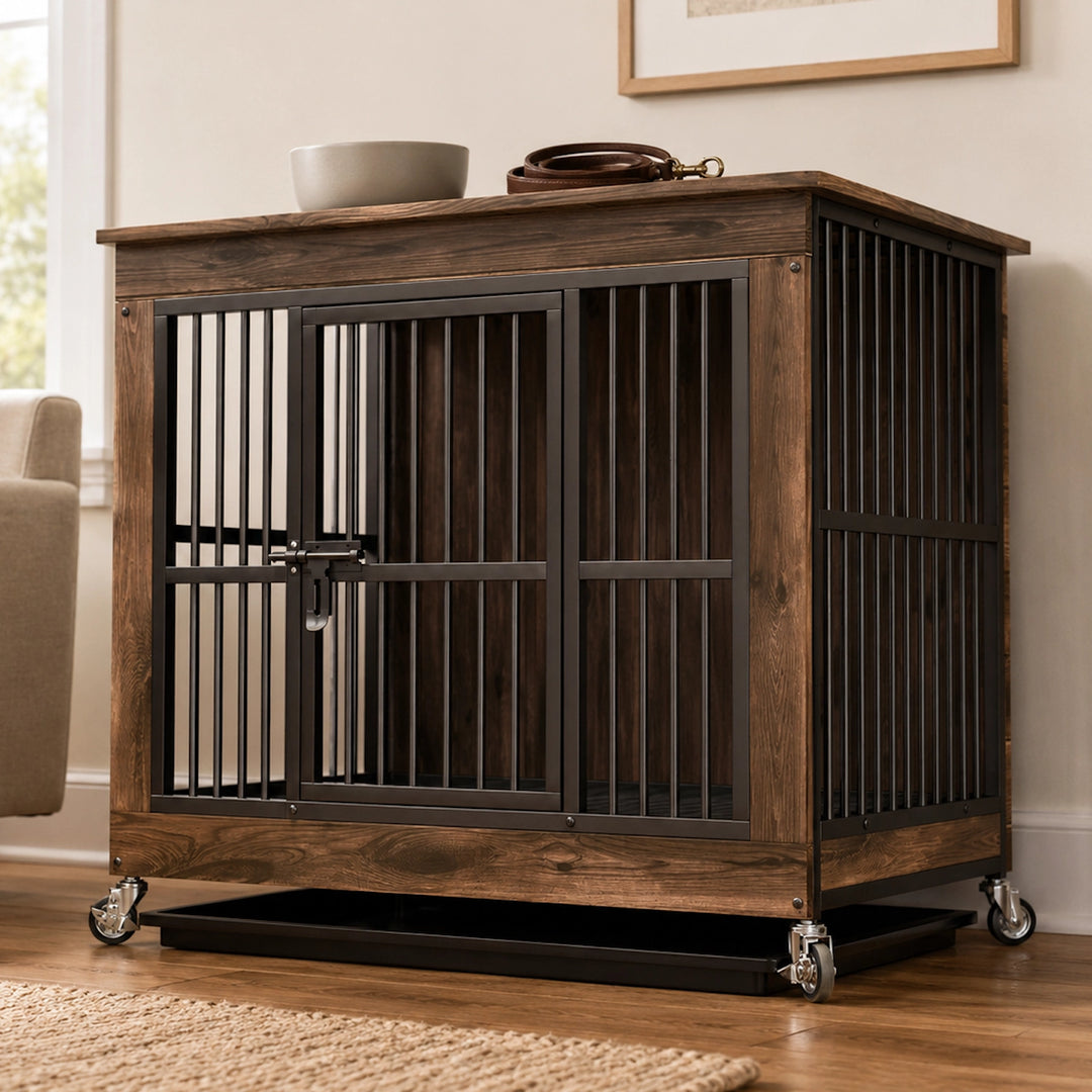 Wooden Furniture-Style Dog Crate with Wheels and Removable Tray