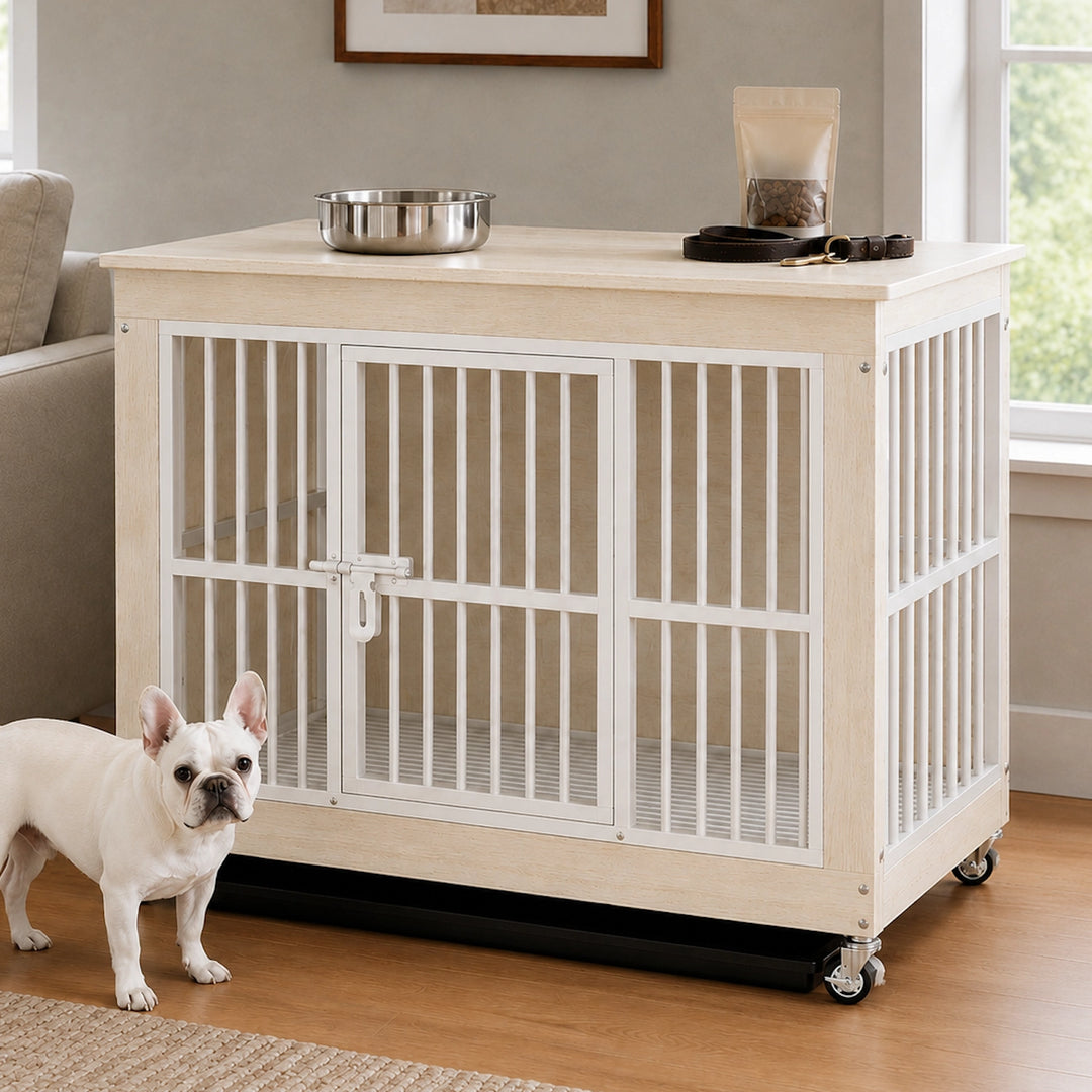 Wooden Furniture-Style Dog Crate with Wheels and Removable Tray
