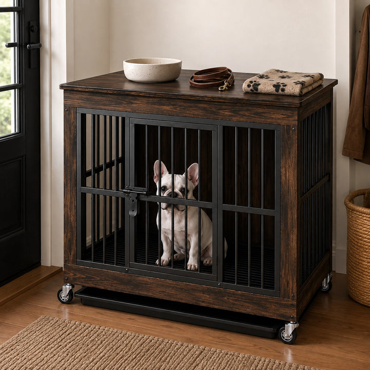 Wooden Furniture-Style Dog Crate with Wheels and Removable Tray