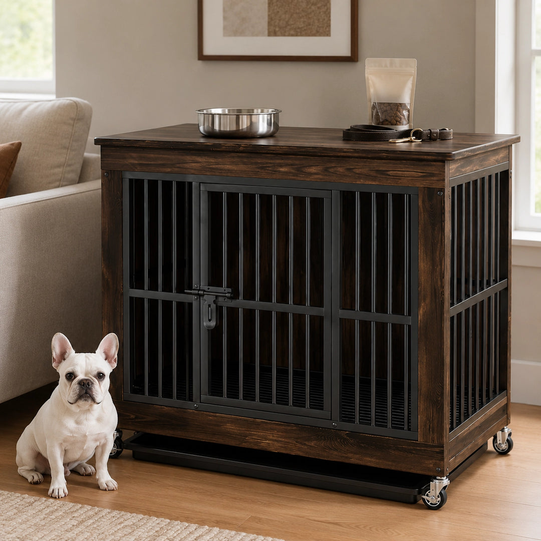 Wooden Furniture-Style Dog Crate with Wheels and Removable Tray