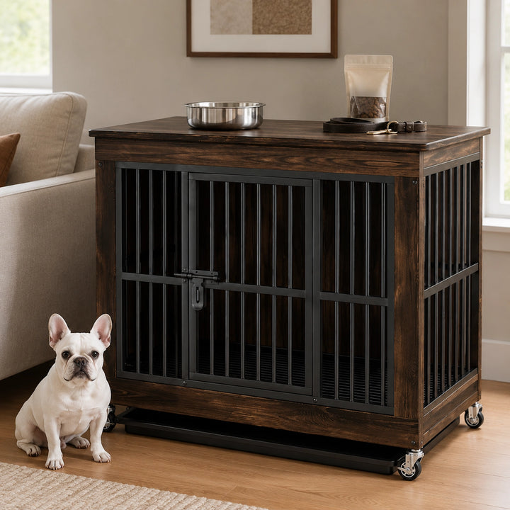 Wooden Furniture-Style Dog Crate with Wheels and Removable Tray