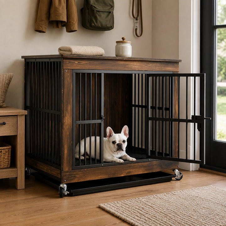 Wooden Furniture-Style Dog Crate with Wheels and Removable Tray