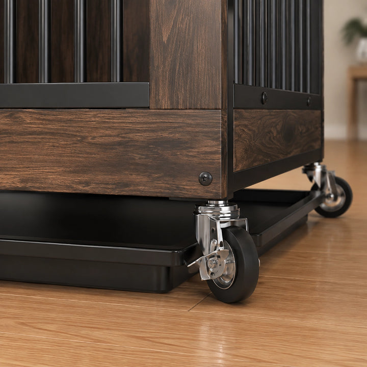 Wooden Furniture-Style Dog Crate with Wheels and Removable Tray