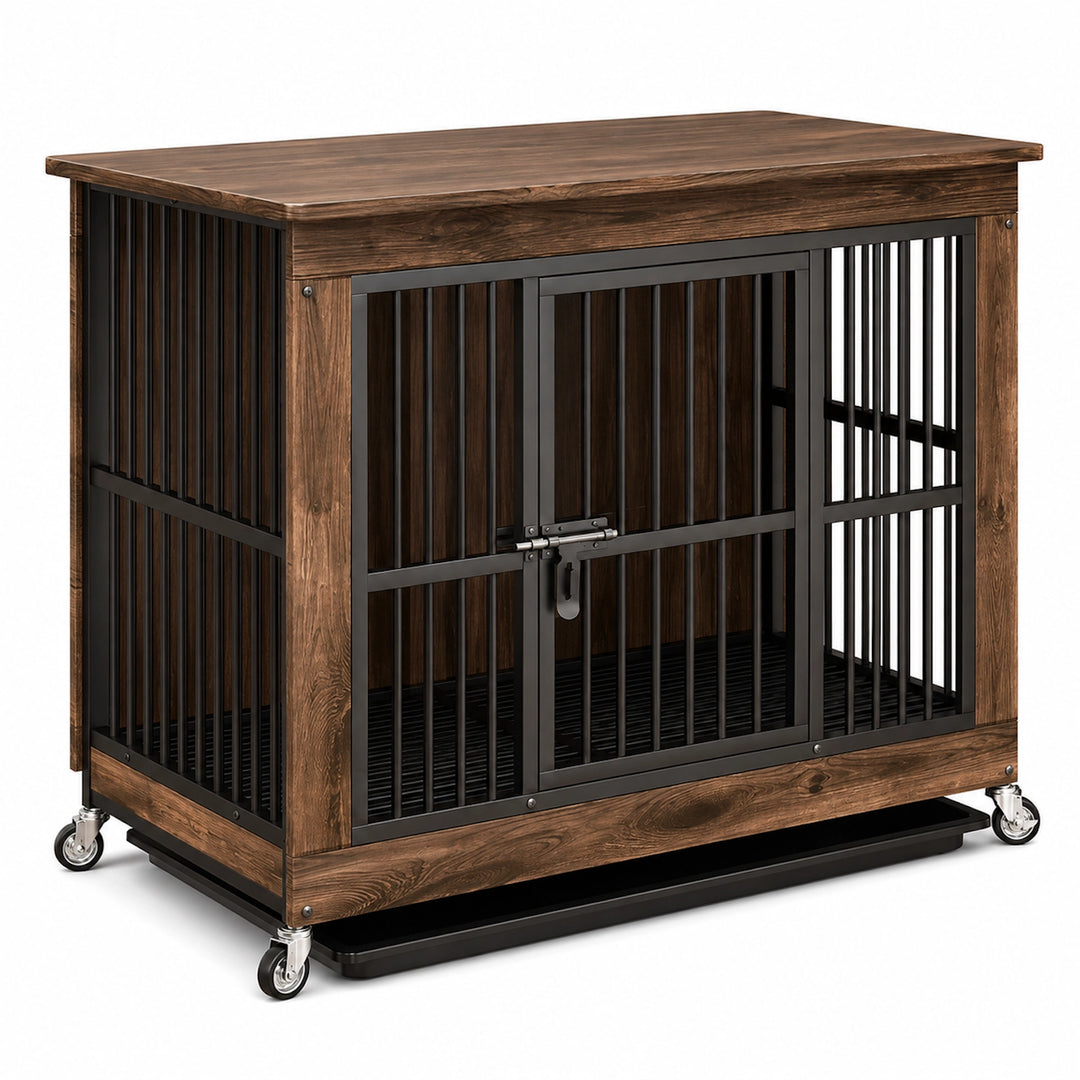 Wooden Furniture-Style Dog Crate with Wheels and Removable Tray