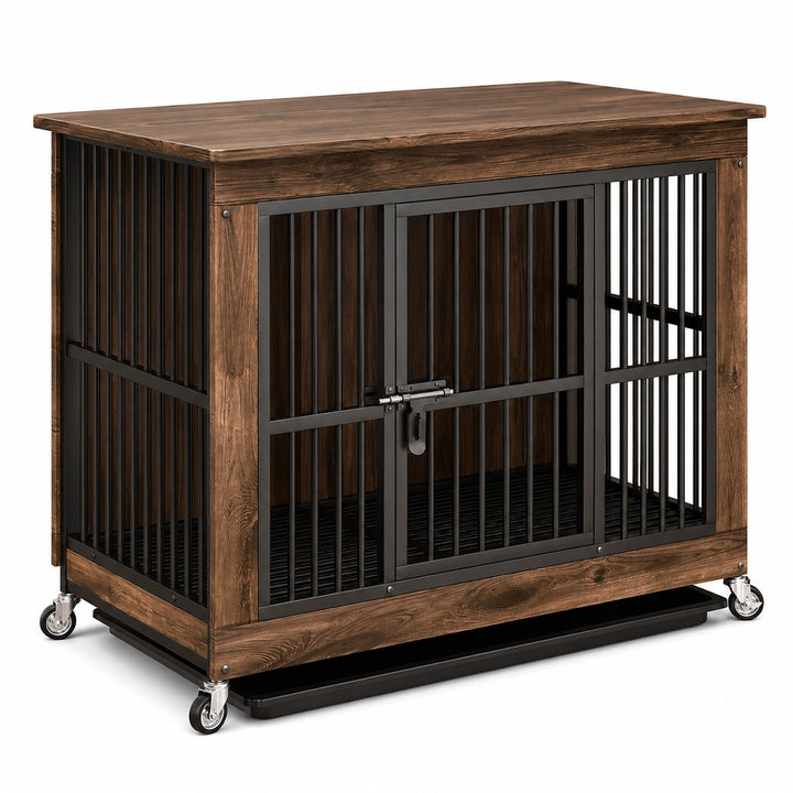 Wooden Furniture-Style Dog Crate with Wheels and Removable Tray