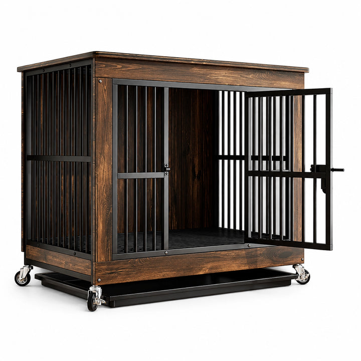 Wooden Furniture-Style Dog Crate with Wheels and Removable Tray