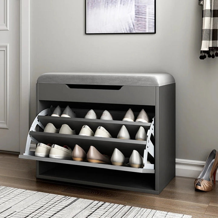 Modern Tipping Bucket Shoe Storage Bench with Flip-Drawer