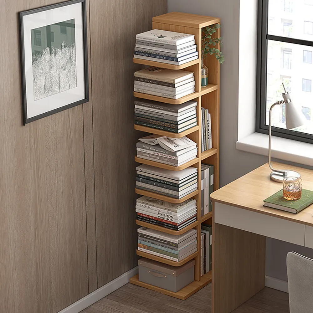 9-Shelf Wood Corner Bookshelf Narrow Bookcase with Storage